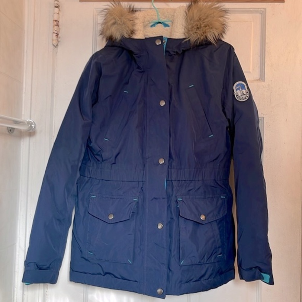 Lands’ End kids waterproof Expedition navy down jacket in size large 14